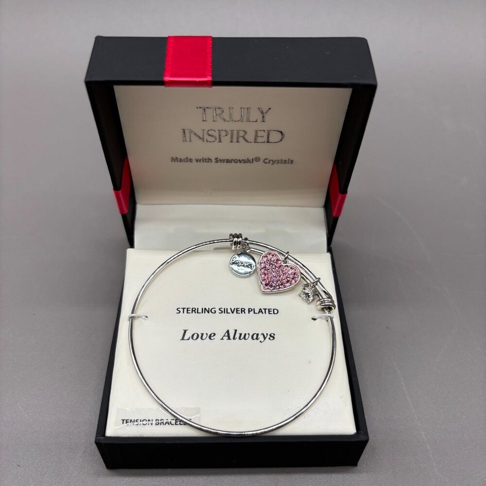 Truly Inspired Swarovski Crystal Heart Tension Bracelet Love Always Silver Plate